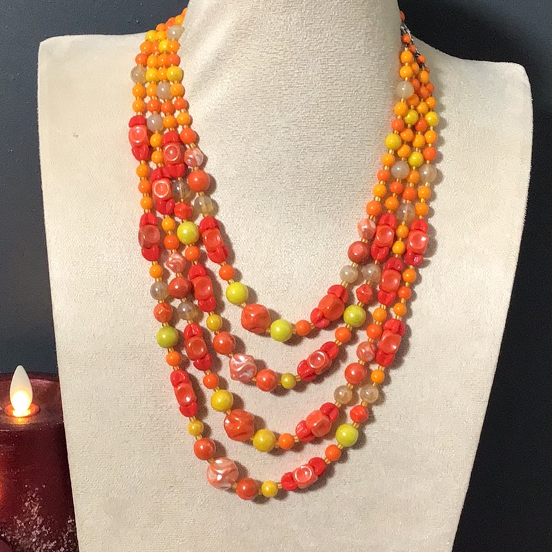 Western Germany Signed Orange And Yellow Multi-Strand Glass Beaded Necklace 75$